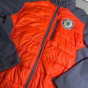 CB Chelsea FC Hybrid Puffer Jacket Mens Soccer Sportswear Large Orange Brown